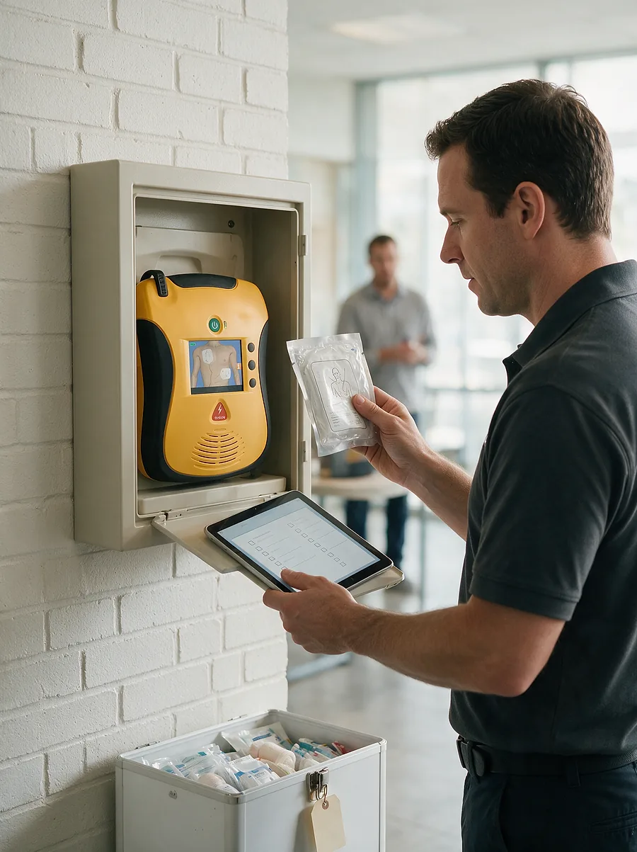 AED cabinet and readiness review walk-through at a workplace